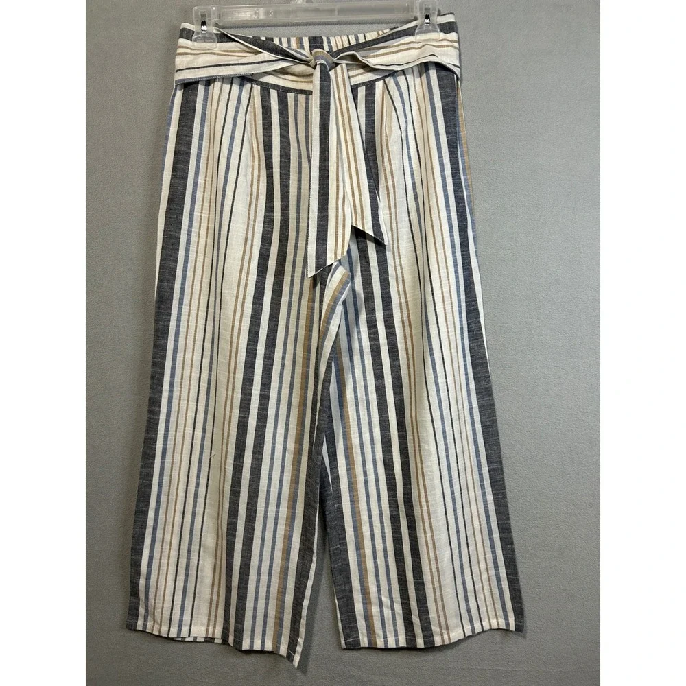 Elle Gabrielle Womens Wide Leg Cropped Striped‎ Pants with Tie Belt Size Large